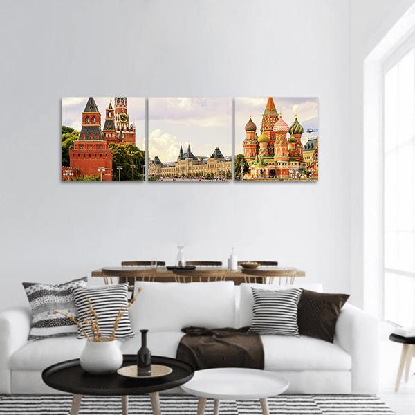 Kremlin and Saint Basil's Cathedral Panoramic Canvas Wall Art in white, red and orange, hung on a wall