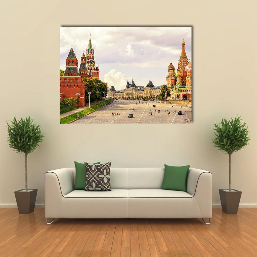 Kremlin and Saint Basil's Cathedral Canvas Wall Art in beige, brown and red, single panel hung on a wall