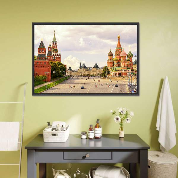 Kremlin & Cathedral Of St Basil Canvas Wall Art-1 Piece-Floating Frame-24" x 16"-Tiaracle