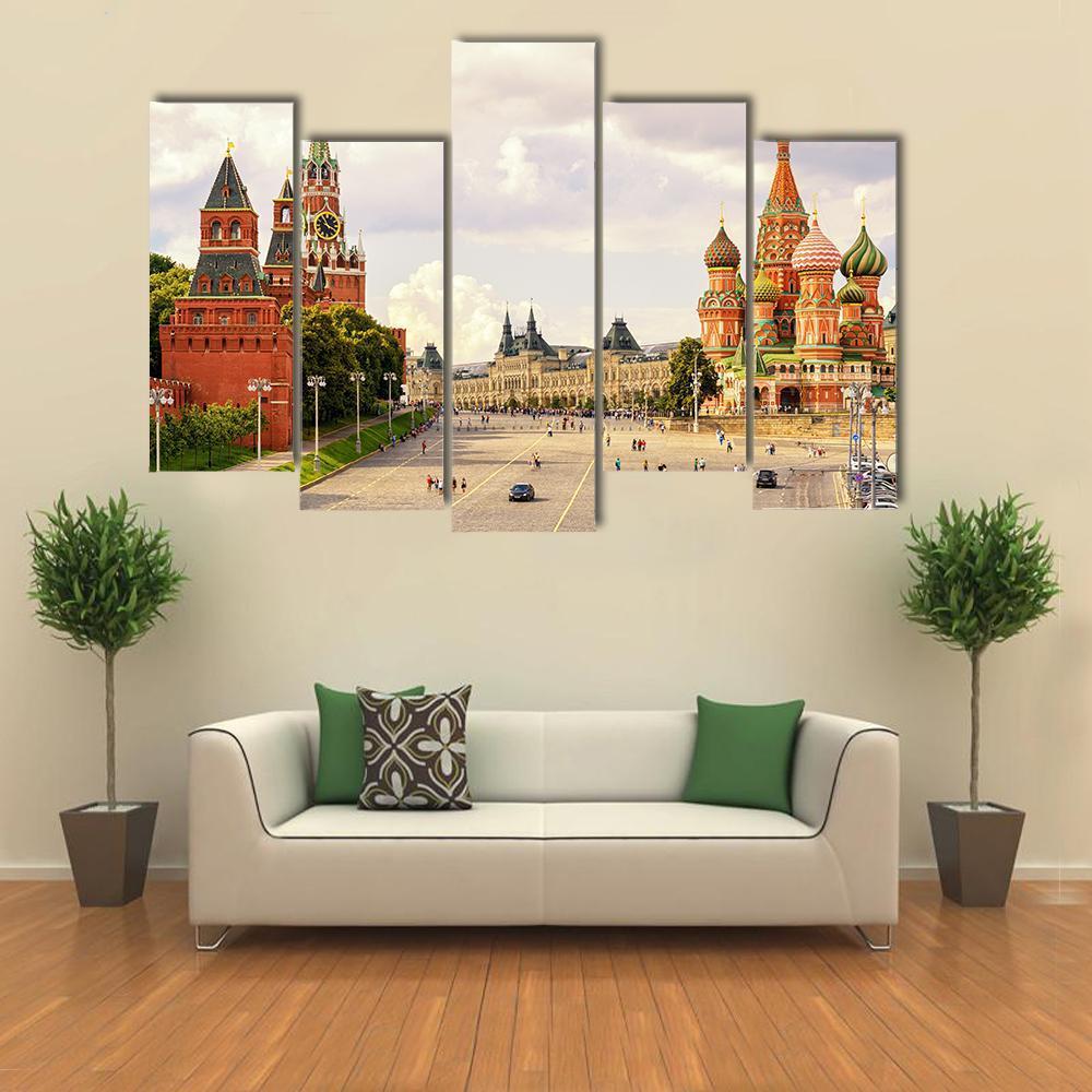 Kremlin & Cathedral Of St Basil Canvas Wall Art-5 Pop-Gallery Wrap-47" x 32"-Tiaracle