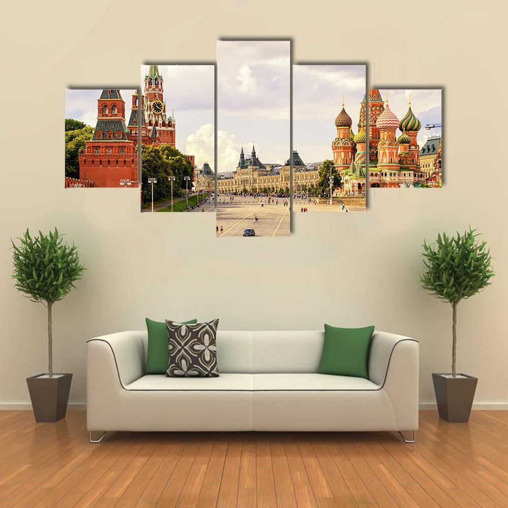 Kremlin & Cathedral Of St Basil Canvas Wall Art-5 Star-Gallery Wrap-62" x 32"-Tiaracle