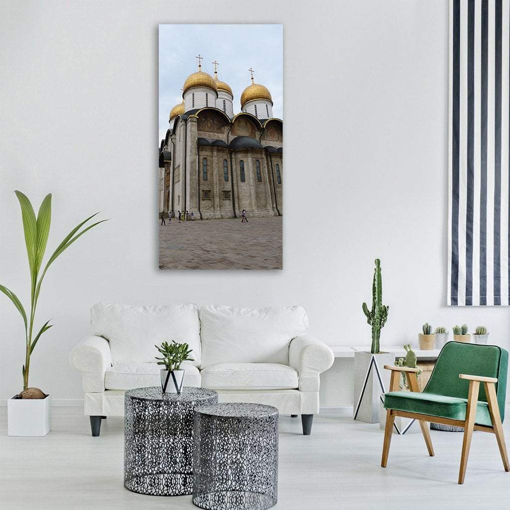 Kremlin Cathedral with Golden Domes Vertical Canvas Wall Art in gray, gold and blue, single vertical panel hung on a wall