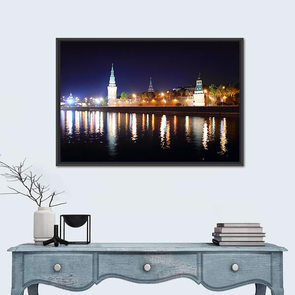 Kremlin From River At Night Canvas Wall Art-1 Piece-Floating Frame-24" x 16"-Tiaracle