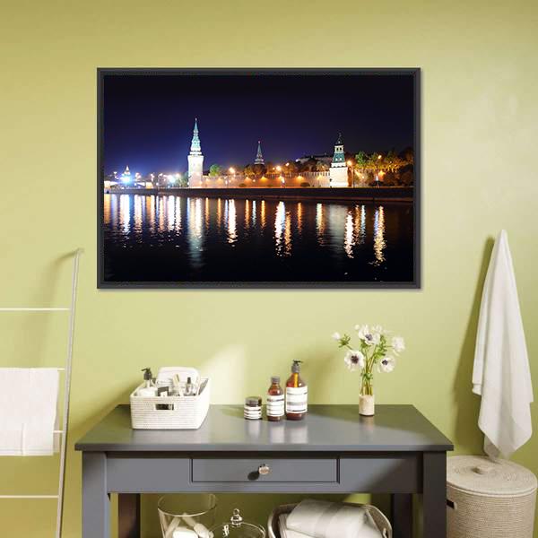 Kremlin From River At Night Canvas Wall Art-1 Piece-Floating Frame-24" x 16"-Tiaracle