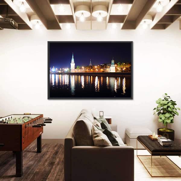 Kremlin From River At Night Canvas Wall Art-5 Horizontal-Gallery Wrap-22" x 12"-Tiaracle