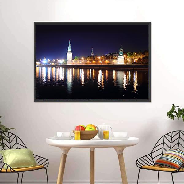 Kremlin From River At Night Canvas Wall Art-3 Horizontal-Gallery Wrap-25" x 16"-Tiaracle