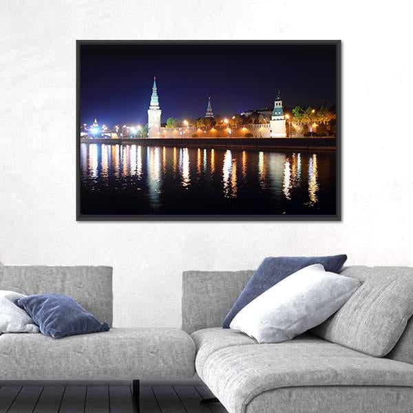 Kremlin From River At Night Canvas Wall Art-5 Horizontal-Gallery Wrap-22" x 12"-Tiaracle