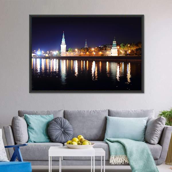 Kremlin From River At Night Canvas Wall Art-3 Horizontal-Gallery Wrap-25" x 16"-Tiaracle