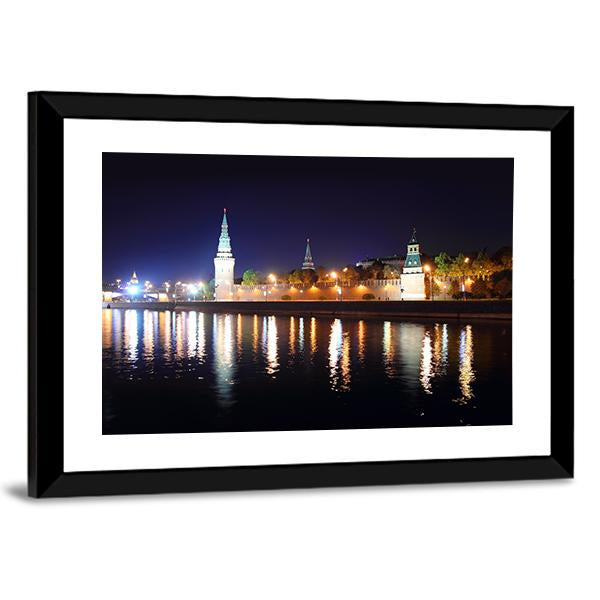 Kremlin From River At Night Canvas Wall Art-5 Horizontal-Gallery Wrap-22" x 12"-Tiaracle