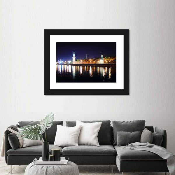 Kremlin From River At Night Canvas Wall Art-5 Horizontal-Gallery Wrap-22" x 12"-Tiaracle