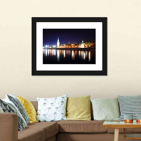 Kremlin From River At Night Canvas Wall Art-3 Horizontal-Gallery Wrap-25" x 16"-Tiaracle