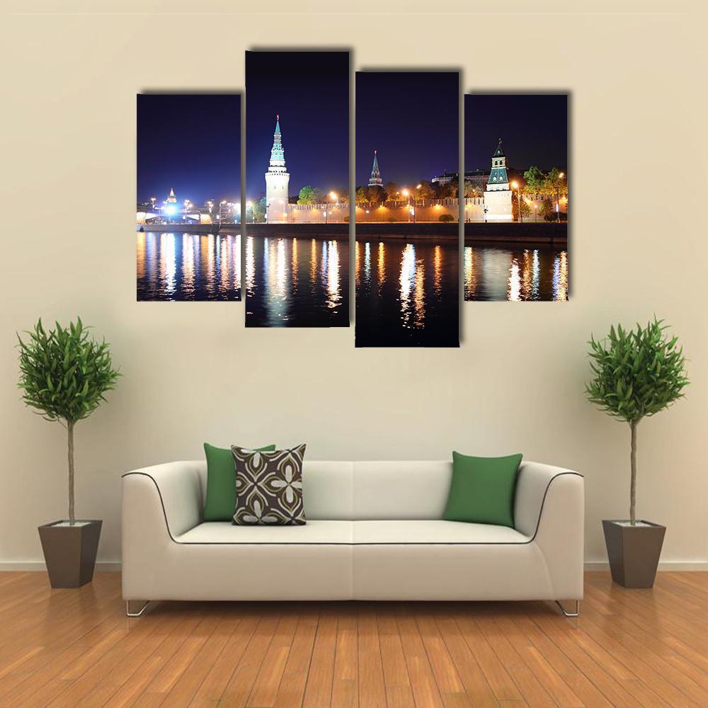 Kremlin From River At Night Canvas Wall Art-4 Pop-Gallery Wrap-50" x 32"-Tiaracle