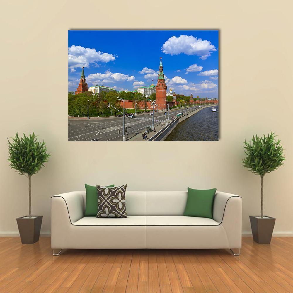 Moscow Kremlin Along Moskva River Canvas Wall Art in red, green and blue, single panel hung on a wall
