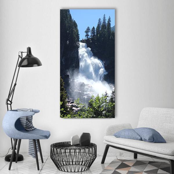 Krimml Waterfall Austria Vertical Canvas Wall Art in white, green and blue, single vertical panel hung on a wall