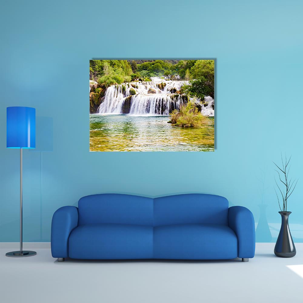 Krka Waterfall in Croatian National Park Canvas Wall Art in white, green and blue, single panel hung on a wall
