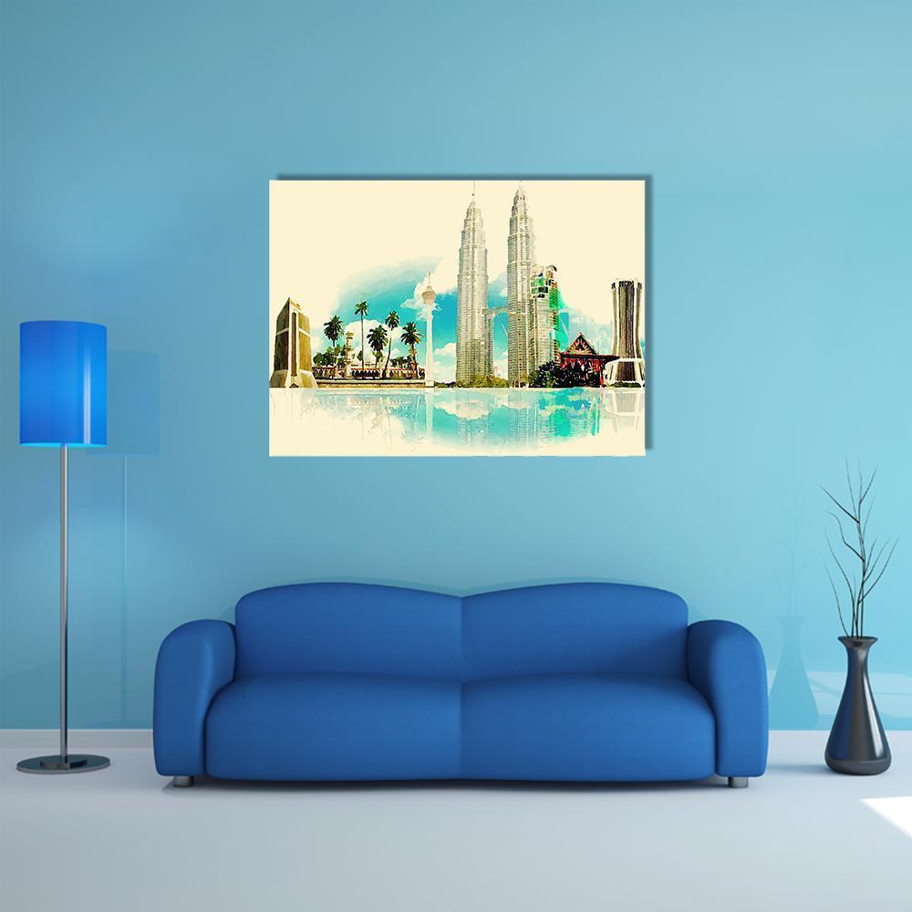 Kuala Lumpur City Illustration Canvas Wall Art-5 Horizontal-Gallery Wrap-22" x 12"-Tiaracle