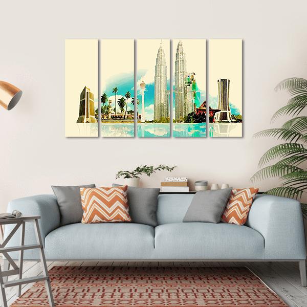 Kuala Lumpur City Illustration Canvas Wall Art-5 Horizontal-Gallery Wrap-22" x 12"-Tiaracle