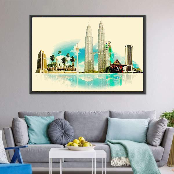 Kuala Lumpur City Illustration Canvas Wall Art-5 Horizontal-Gallery Wrap-22" x 12"-Tiaracle