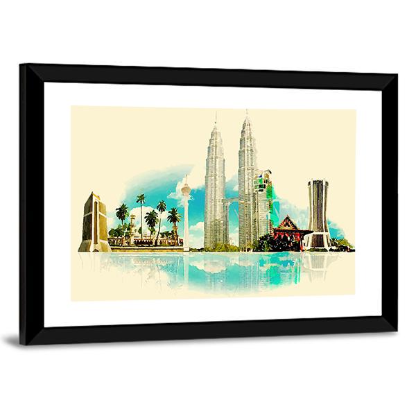 Kuala Lumpur City Illustration Canvas Wall Art-5 Horizontal-Gallery Wrap-22" x 12"-Tiaracle