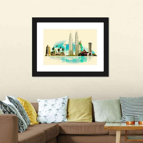 Kuala Lumpur City Illustration Canvas Wall Art-5 Horizontal-Gallery Wrap-22" x 12"-Tiaracle