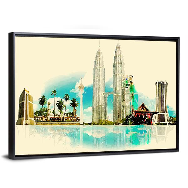 Kuala Lumpur City Illustration Canvas Wall Art-5 Horizontal-Gallery Wrap-22" x 12"-Tiaracle