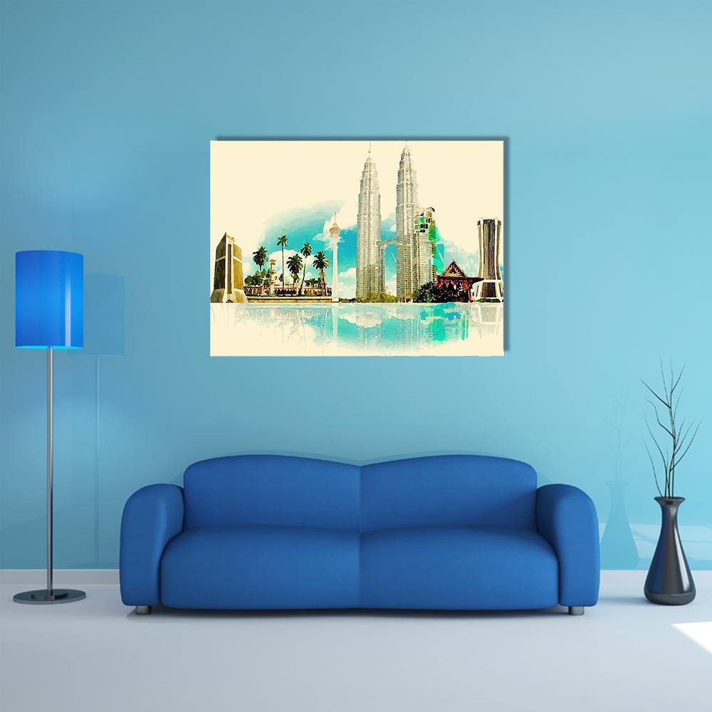 Kuala Lumpur Skyline Watercolor Illustration Canvas Wall Art in beige, green and blue, single panel hung on a wall