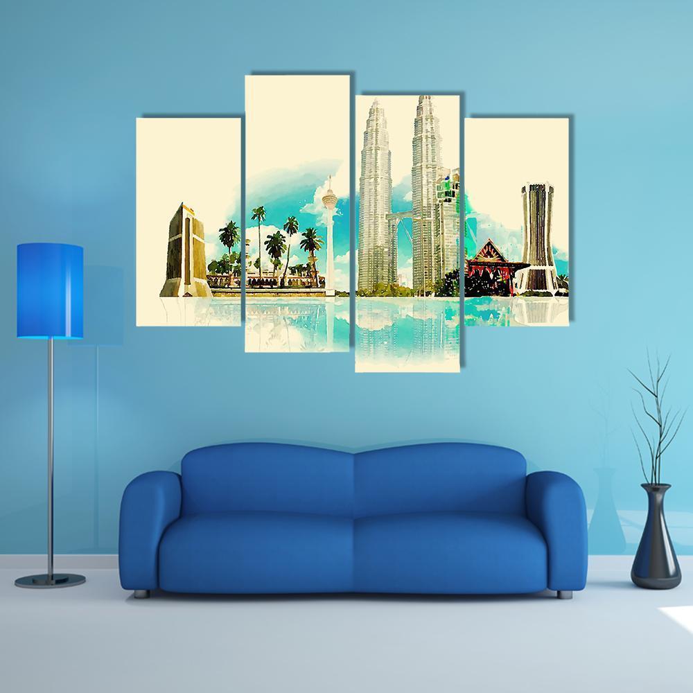 Kuala Lumpur City Illustration Canvas Wall Art-4 Pop-Gallery Wrap-50" x 32"-Tiaracle