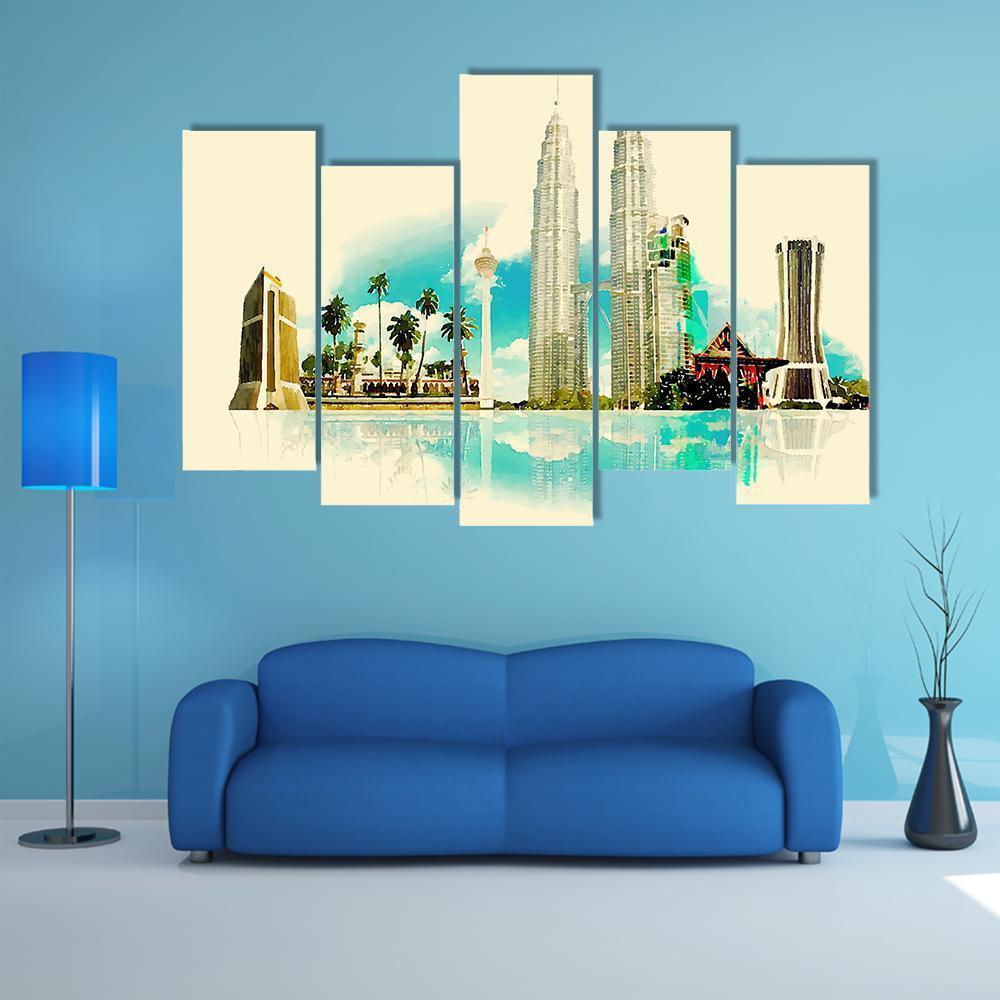 Kuala Lumpur City Illustration Canvas Wall Art-5 Pop-Gallery Wrap-47" x 32"-Tiaracle