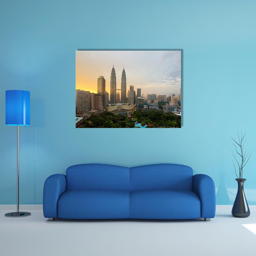 Kuala Lumpur Skyline with Petronas Twin Towers Canvas Wall Art in gray, yellow and blue, single panel hung on a wall