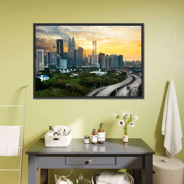 Kuala Lumpur Skyline In Evening Canvas Wall Art-1 Piece-Floating Frame-24" x 16"-Tiaracle