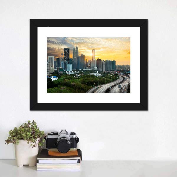 Kuala Lumpur Skyline In Evening Canvas Wall Art-1 Piece-Framed Print-20" x 16"-Tiaracle