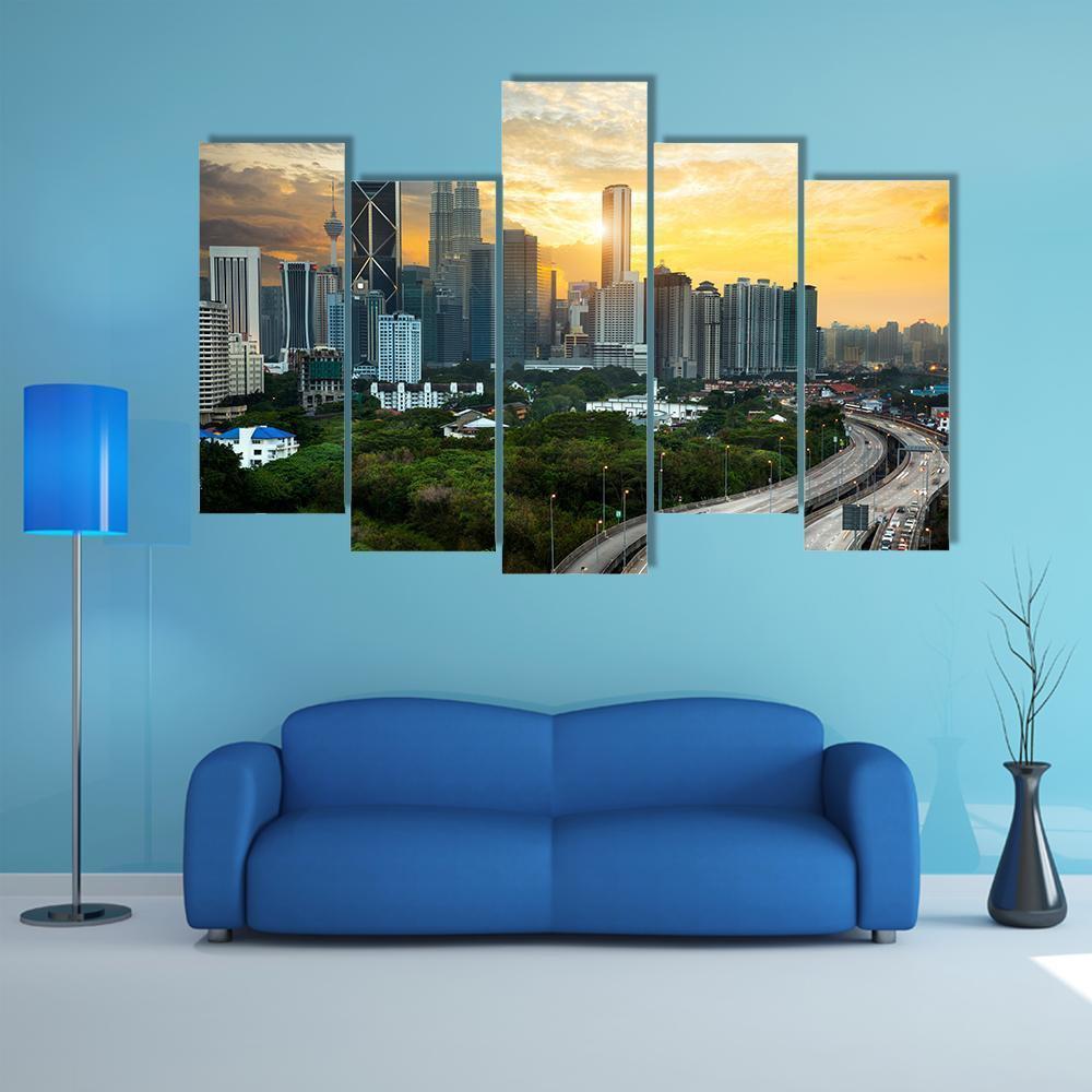 Kuala Lumpur Skyline In Evening Canvas Wall Art-5 Pop-Gallery Wrap-47" x 32"-Tiaracle