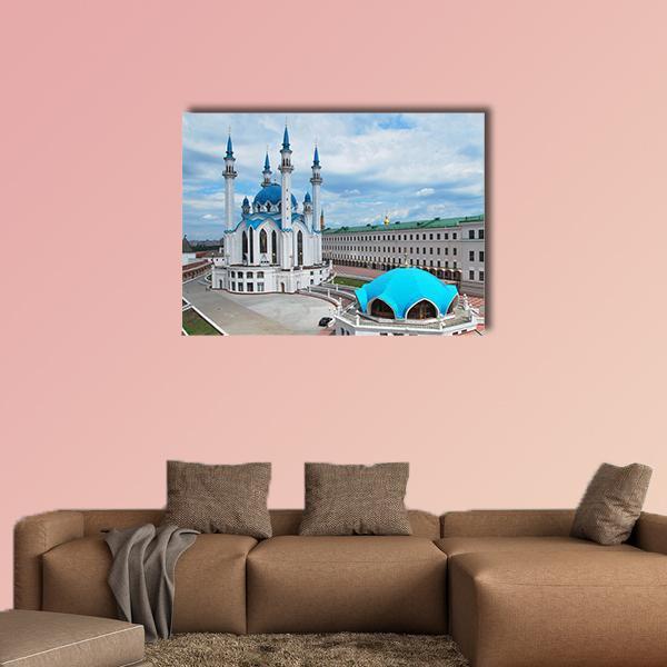 Kul Sharif Mosque at Kazan Kremlin Canvas Wall Art in white and blue, single panel hung on a wall