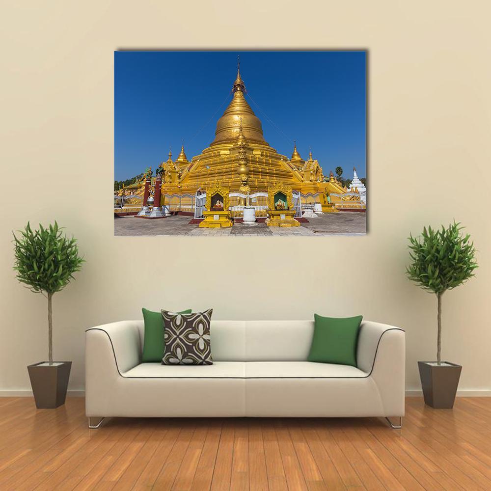 Kuthodaw Pagoda in Mandalay Canvas Wall Art in gold, yellow and blue, single panel hung on a wall