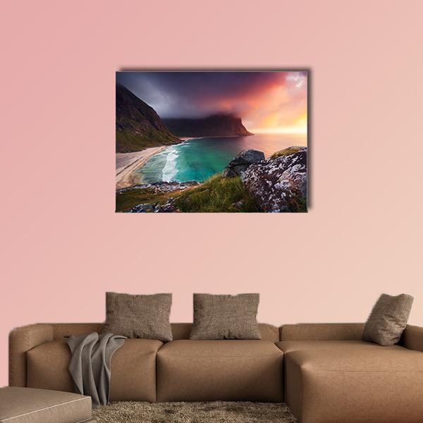 Kvalvika Beach at Sunset, Norway Canvas Wall Art in gray, orange and blue, single panel hung on a wall