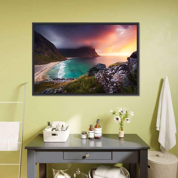 Kvalvika Beach Norway Canvas Wall Art-1 Piece-Floating Frame-24" x 16"-Tiaracle