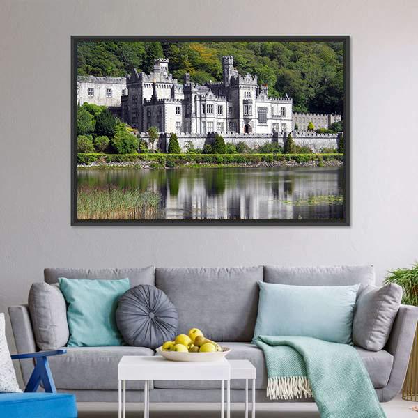 Kylemore Abbey Reflected in Lake Canvas Wall Art in gray and green, framed canvas, product view on a white background