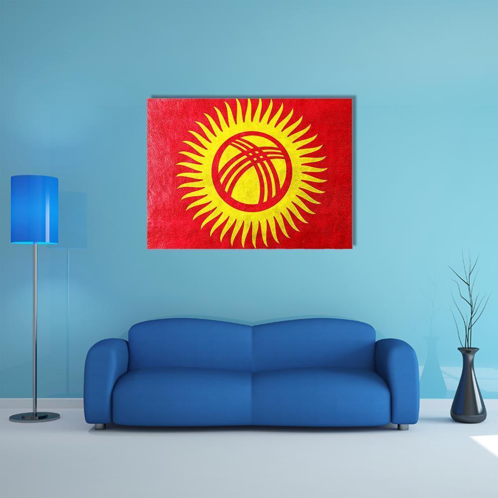 Kyrgyzstan Flag with Tunduk Sun Canvas Wall Art in red and yellow, single panel hung on a wall
