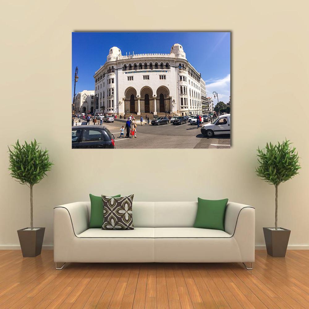 La Grande Poste in Algiers Canvas Wall Art in white, gray and blue, single panel hung on a wall
