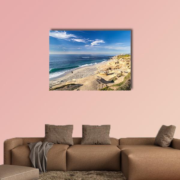La Jolla Cove Beach California Canvas Wall Art in white, beige and blue, single panel hung on a wall