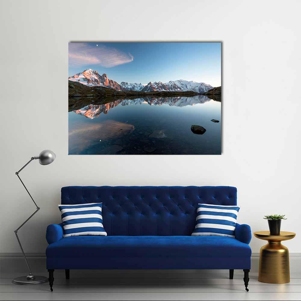 Lac De Chésserys Alpine Lake at Dusk Canvas Wall Art in white, orange and blue, single panel hung on a wall