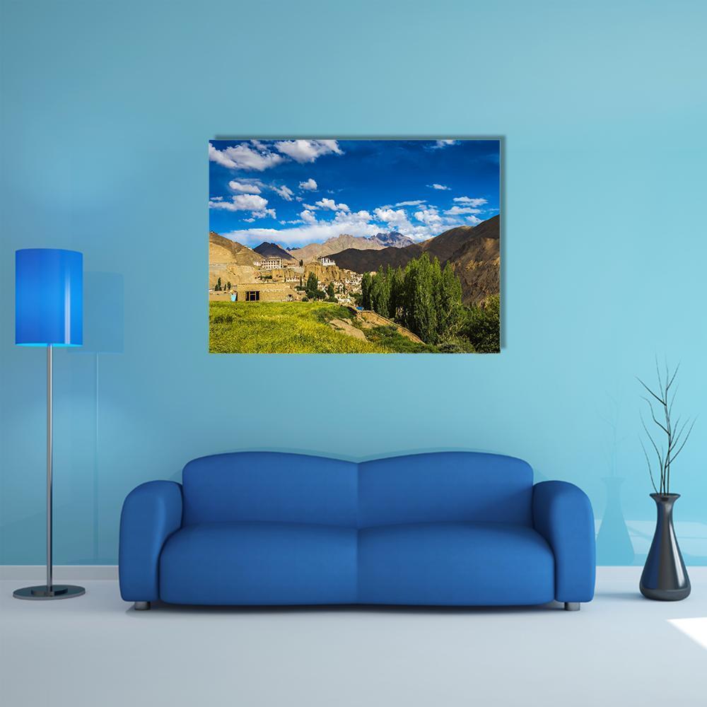 Ladakh Village Road with Green Fields Canvas Wall Art in brown, green and blue, single panel hung on a wall