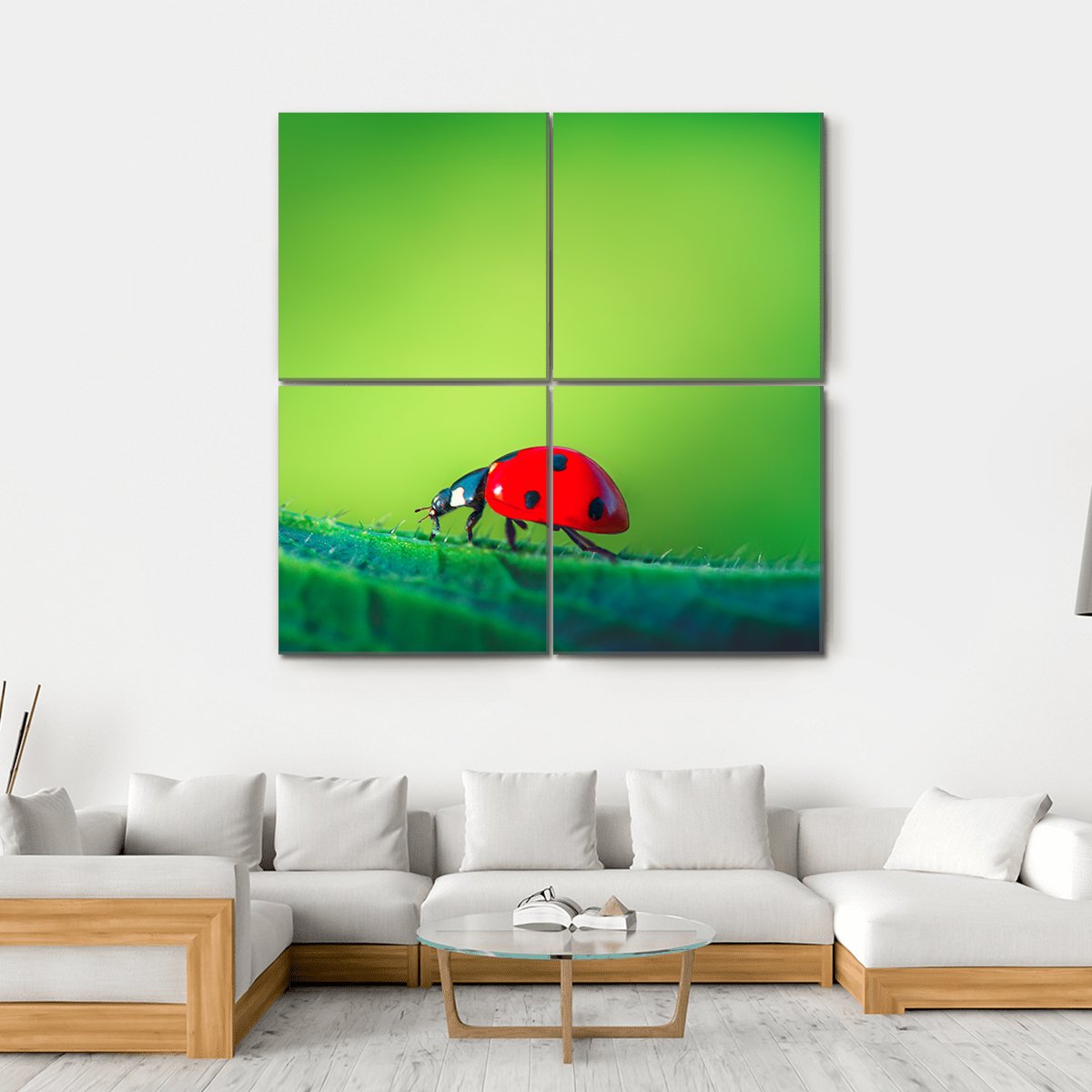 Ladybug On Leaf Canvas Wall Art-4 Square-Gallery Wrap-17" x 17"-Tiaracle