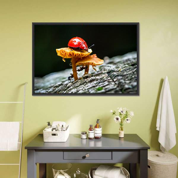 Ladybug On Mushroom Canvas Wall Art-1 Piece-Floating Frame-24" x 16"-Tiaracle