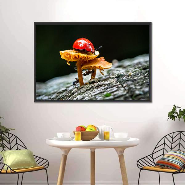 Ladybug On Mushroom Canvas Wall Art-3 Horizontal-Gallery Wrap-25" x 16"-Tiaracle