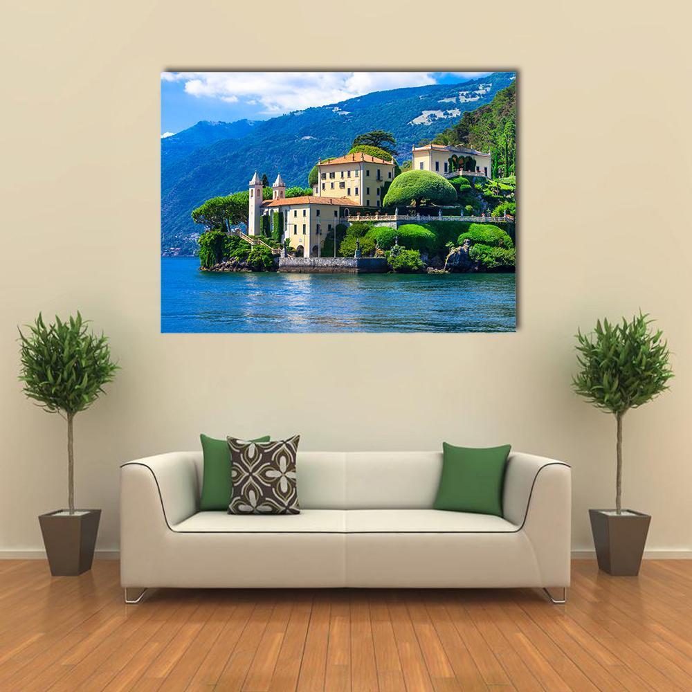 Villa Del Balbianello, Lake Como Canvas Wall Art in beige, green and blue, single panel hung on a wall