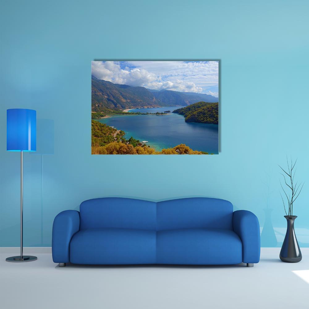 Turquoise Lagoon in Turkey Canvas Wall Art in brown, green and blue, single panel hung on a wall
