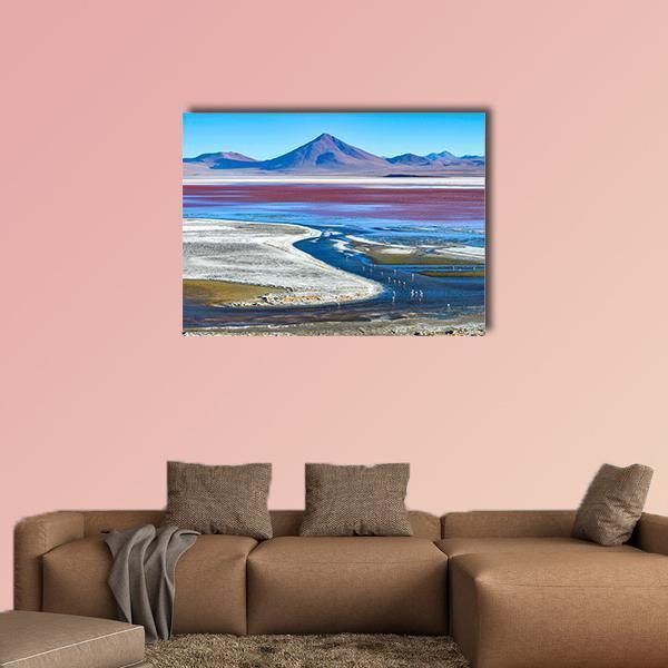 Laguna Colorada Bolivia Red Lagoon with Flamingos Canvas Wall Art in white, red and blue, single panel hung on a wall