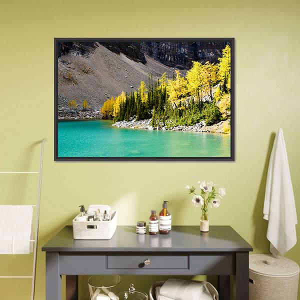 Lake Agnes In Autumn Canvas Wall Art-1 Piece-Floating Frame-36" x 24"-Tiaracle