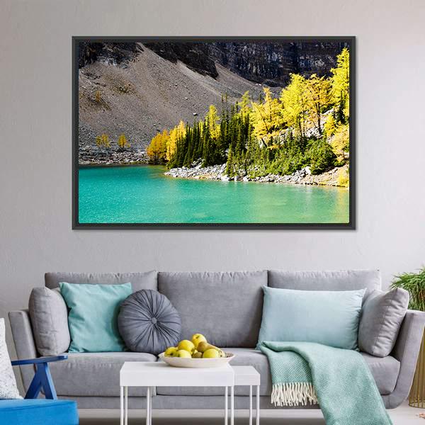 Lake Agnes In Autumn Canvas Wall Art-3 Horizontal-Gallery Wrap-25" x 16"-Tiaracle